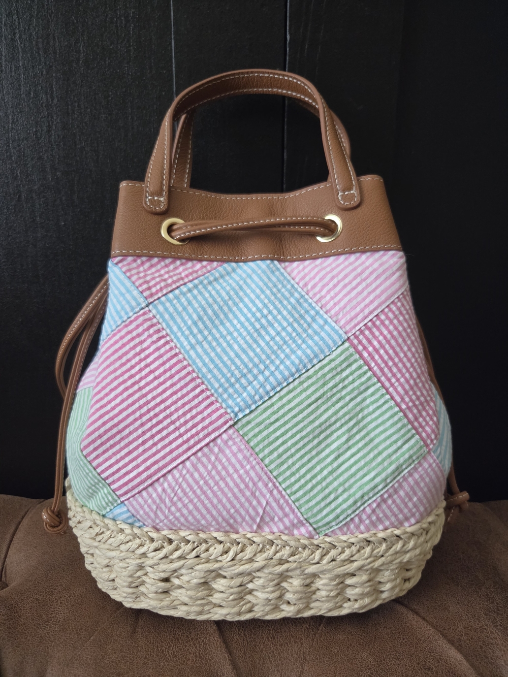 Talbots Pastel Madras Drawstring Bucket Bag with Tan Trim